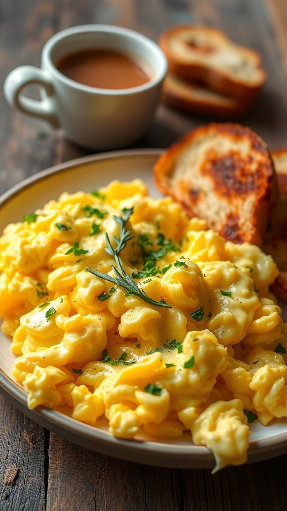 Scrambled Eggs Recipe Fluffy scrambled eggs on a plate, garnished with herbs, with toast and coffee in a cozy kitchen setting.